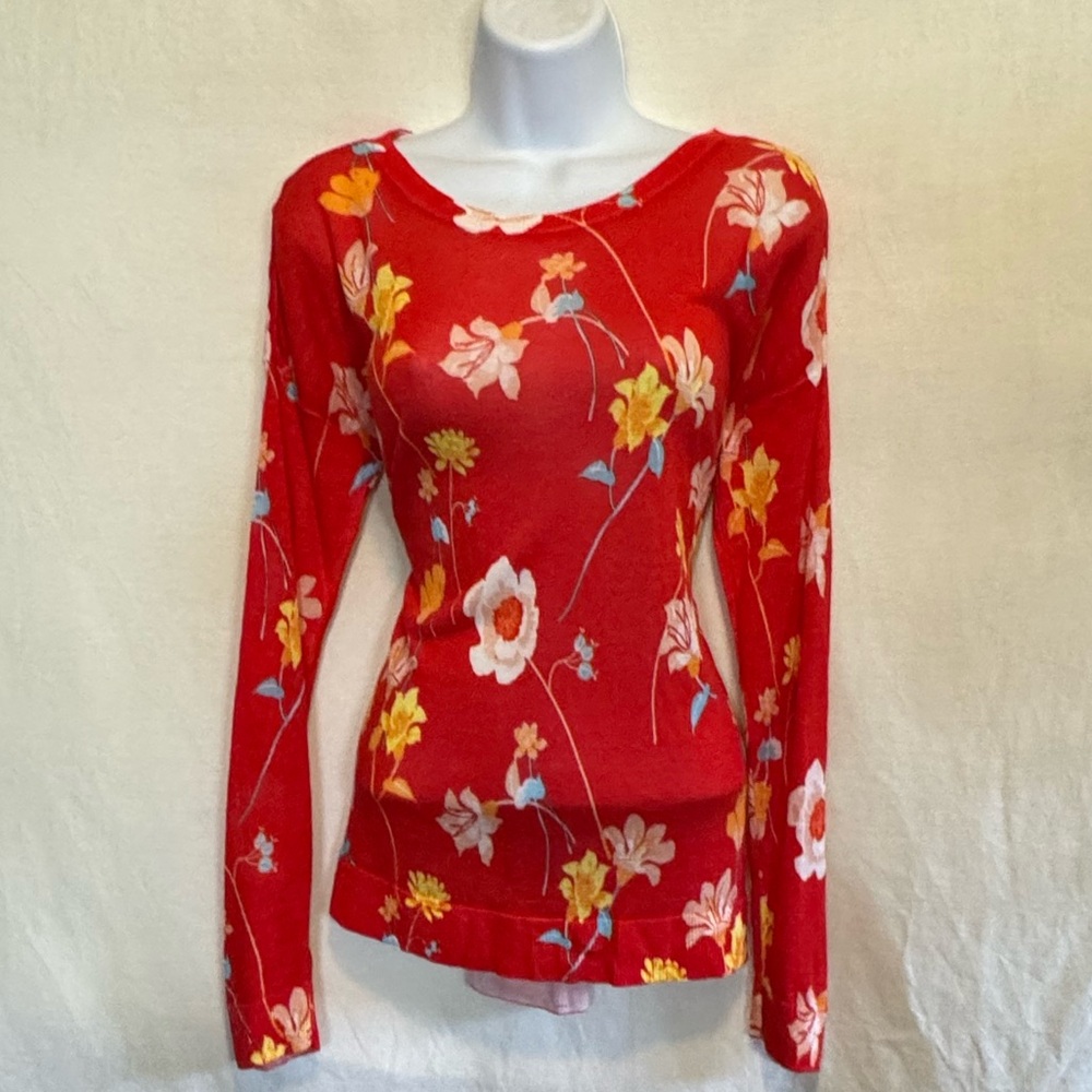 A-175 Loft Orange Floral Lightweight Long Sleeve Pullover Sweater Size M